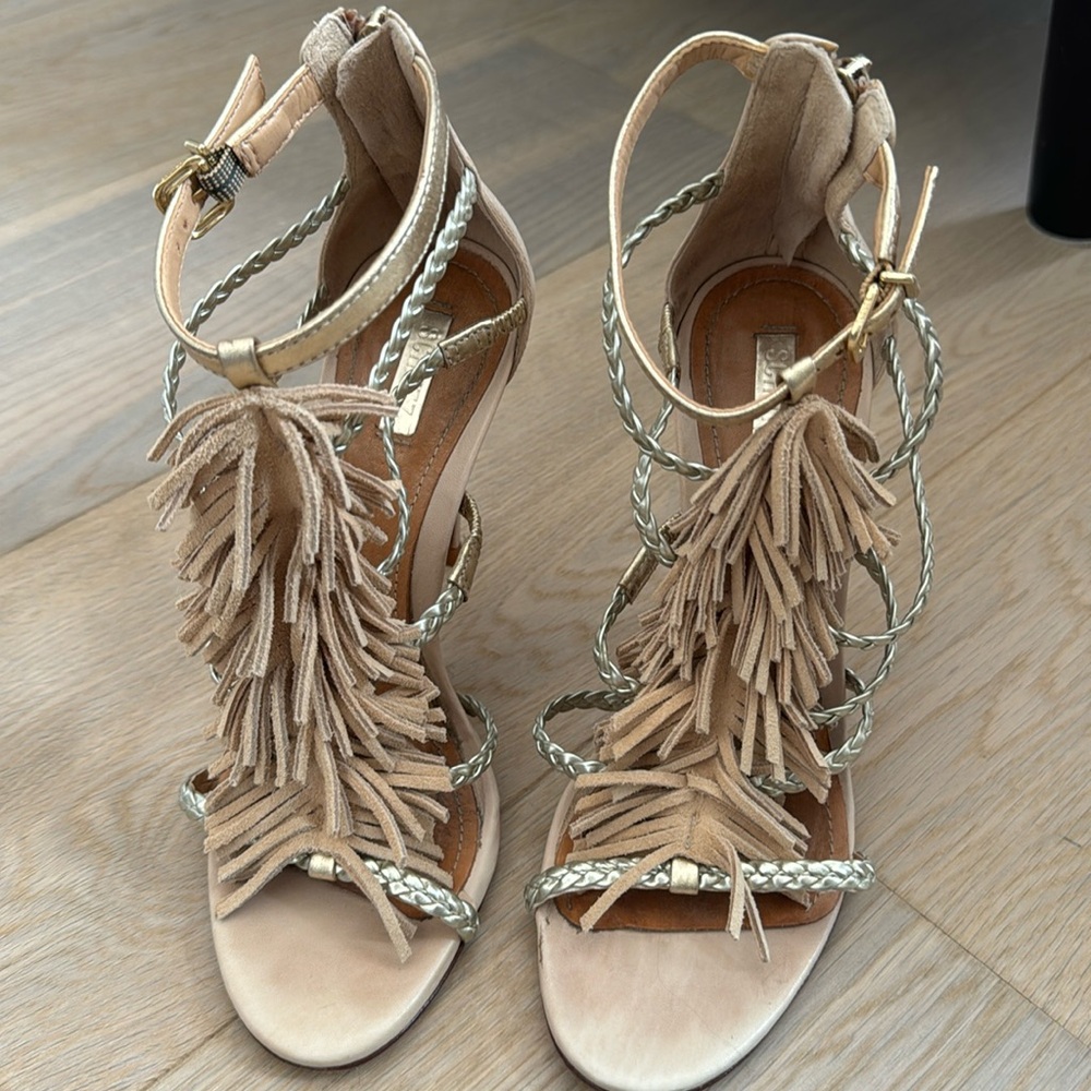 Women’s Schutz gold braided and fringe heels, size 6.5, GUC, no major scuffs